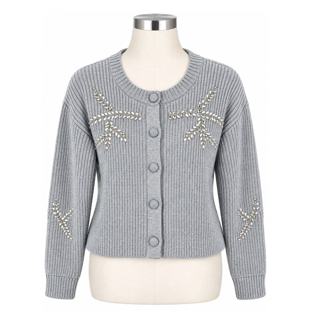 Jason Wu Heather Gray Ribbed Knit Crystal Embellished Cardigan Sweater